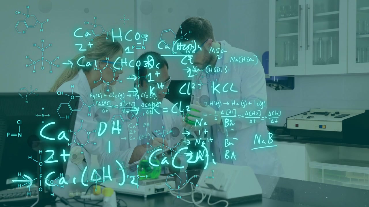 Right male pouring green solution while team monitoring, blue equations overlaying chemistry lab