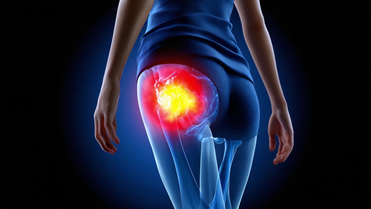 Esplorando il Dolore all'Anca: Rappresentazione Visiva della Risposta del Corpo al Disagio e all'Infiammazione nell'Area dell'Articolazione dell'Anca, Evidenziando il Dolore Notturno e Cronico.