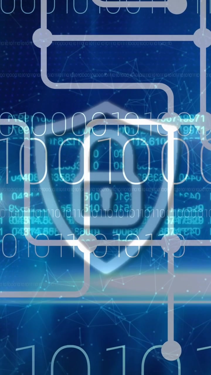 Animation of digital online security padlock icon, binary coding over network of connections