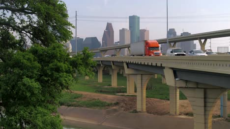 Crane-shot-of-traffic-on-45-North-freeway-near-downtown-Houston