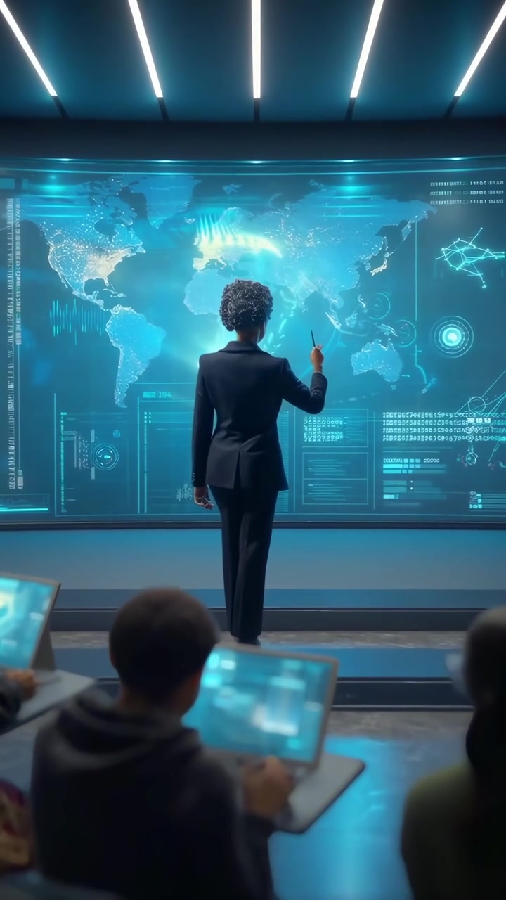 Woman Presenting Global Data to Students in Futuristic Classroom