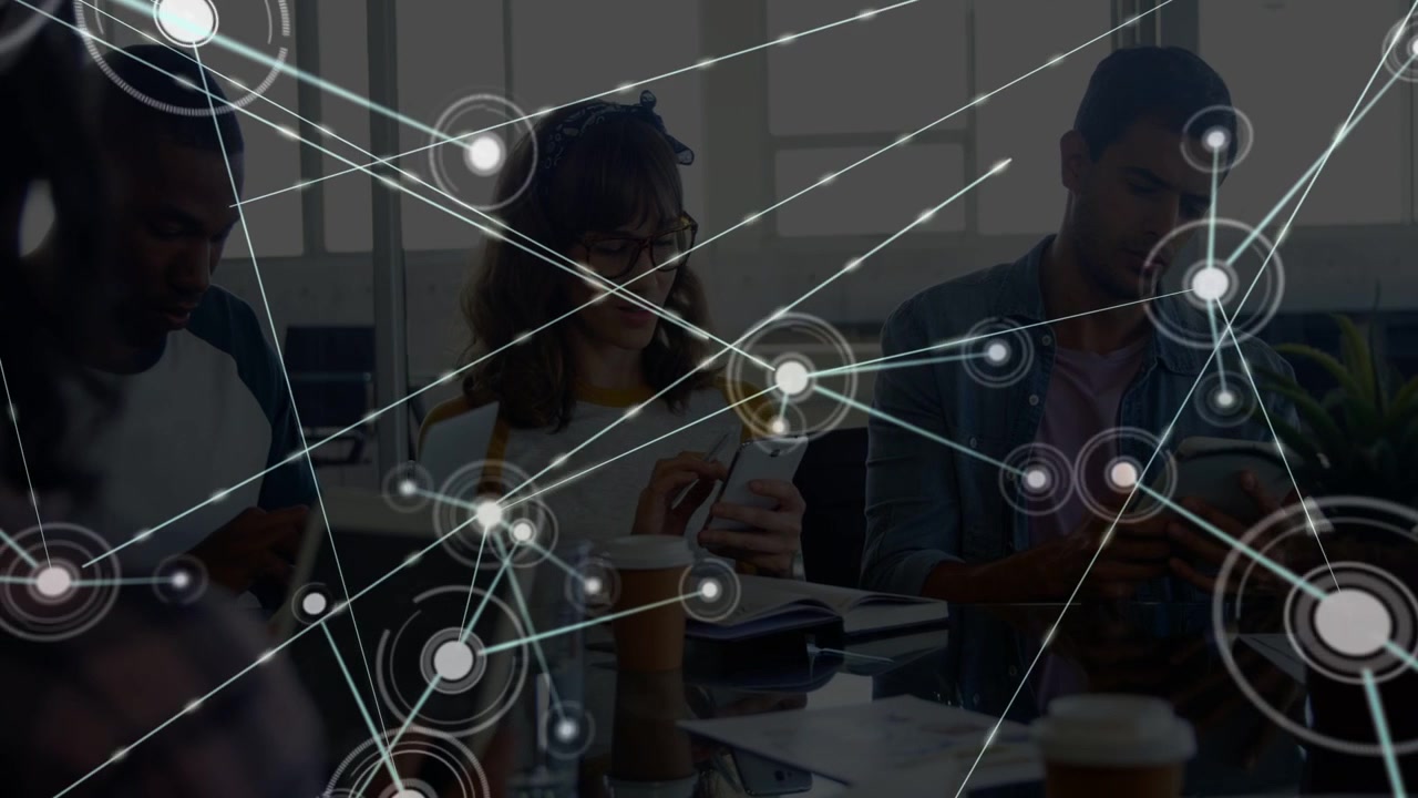 Woman tapping phone at glass table, team using tablets, nodes expanding overlaying business network