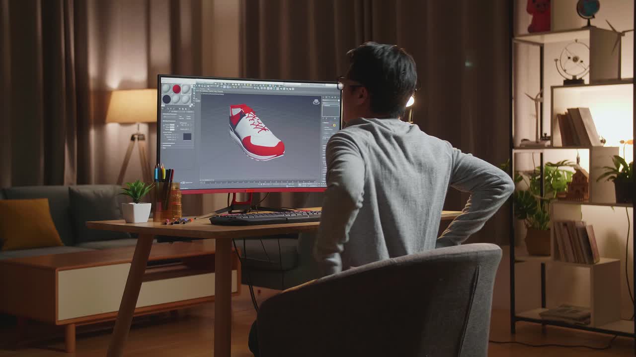 밤에 컴퓨터에서 신발을 디자인하는 남자