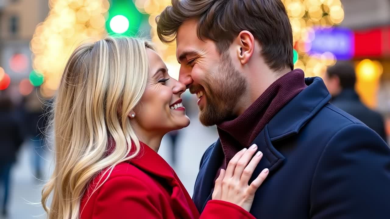 A man and a woman standing next to each other in front of a city street