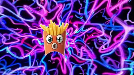 animated cartoon french fries displaying vivid emotional expressions, floating against dynamic swirling lines with playful personality and kawaii charm