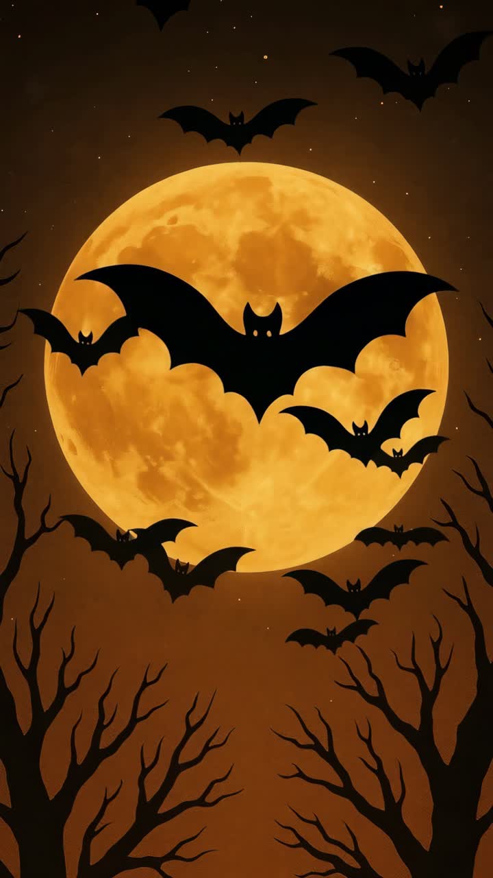 Aerial view of silhouetted bats flying against a large, glowing full moon