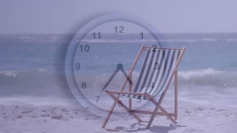 Animation-of-clock-moving-over-sunbed-at-beach