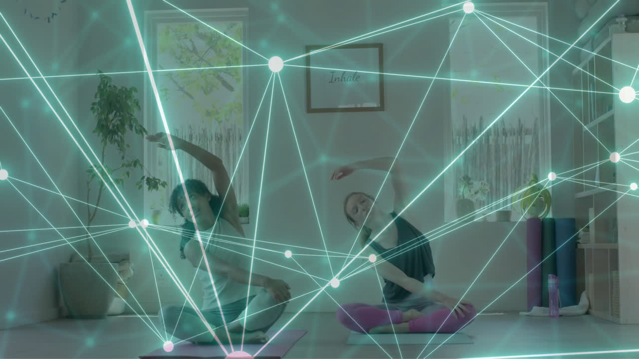 Animation of communication network over happy diverse teenage girls practicing yoga together
