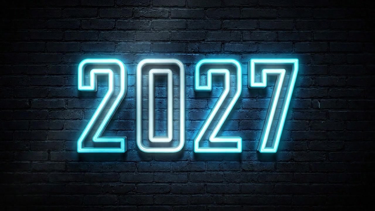 Neon Blue 2027 Sign Glowing on Dark Brick Wall