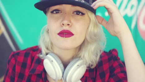 Young-blond-woman-wearing-a-baseball-cap