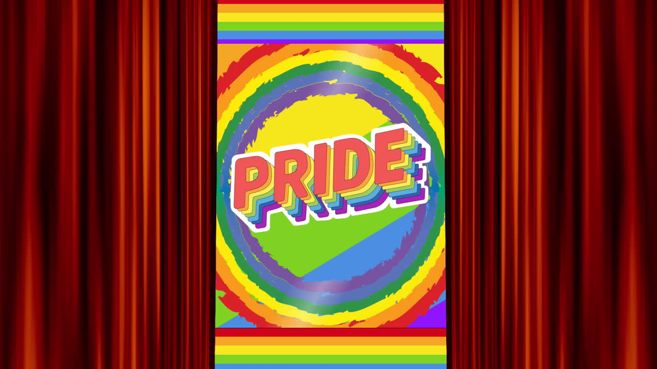 무지개 배경에 자존심 텍스트와 무지개 원의 애니메이션