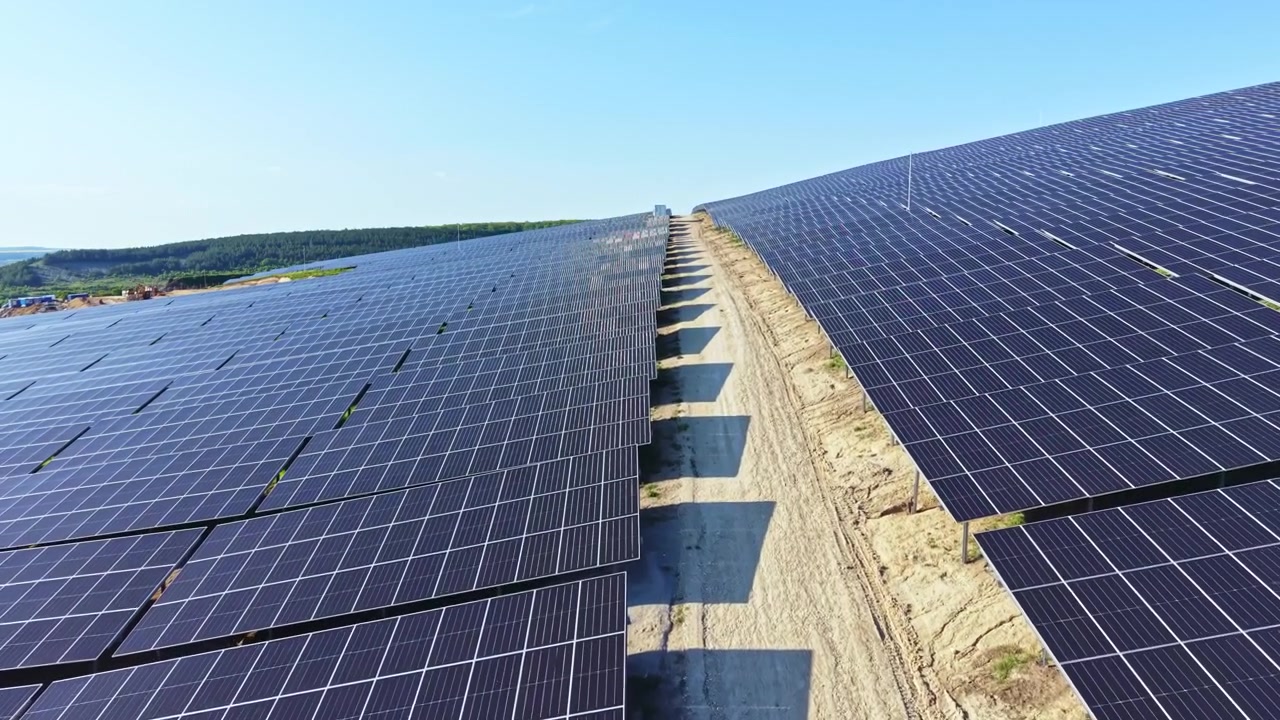 Solpaneler dækker et stort område i en vedvarende energipark under klar himmel om dagen.
