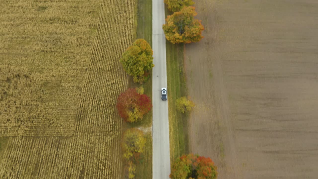 кинематографический вид с воздуха на автомобиль, едущий по сельской дороге осенью