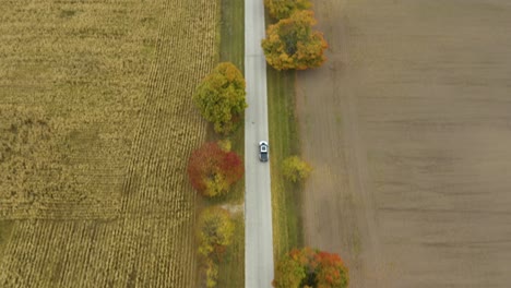 cinematic aerial view of car driving on rural road in fall