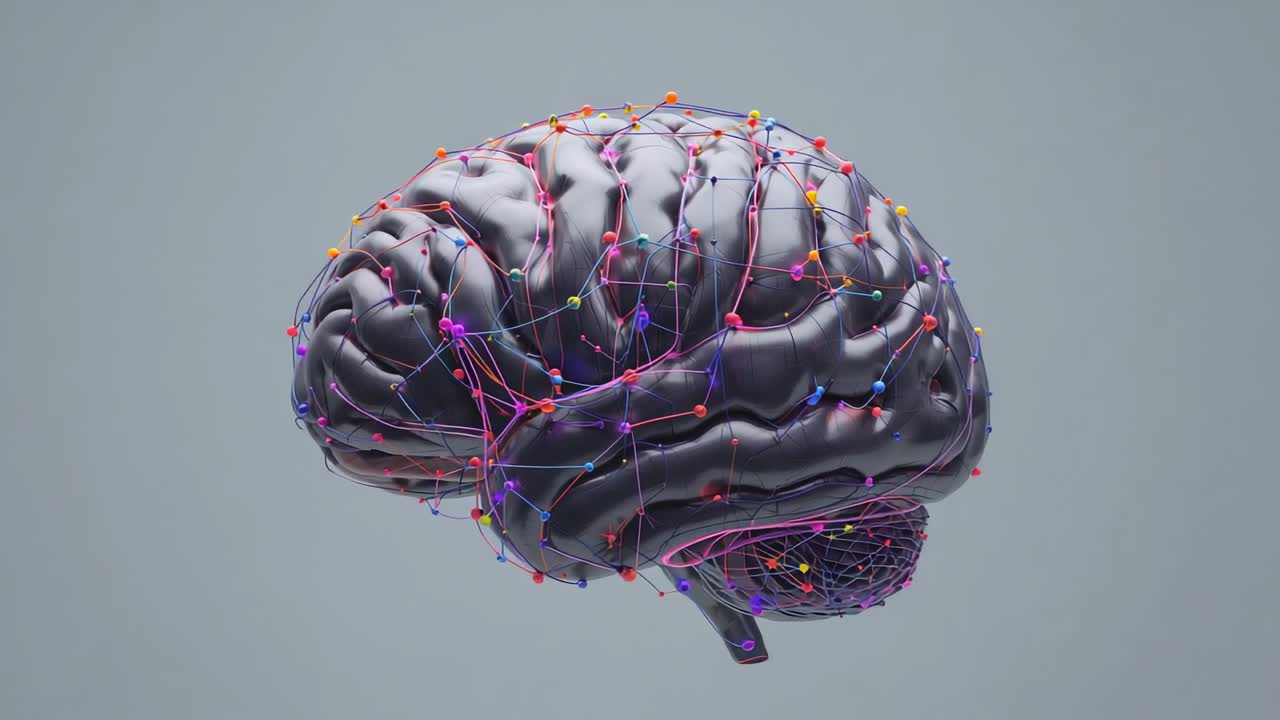 Camera approaching, rotating 3D brain model on neutral gray backdrop showing color nodes and lines