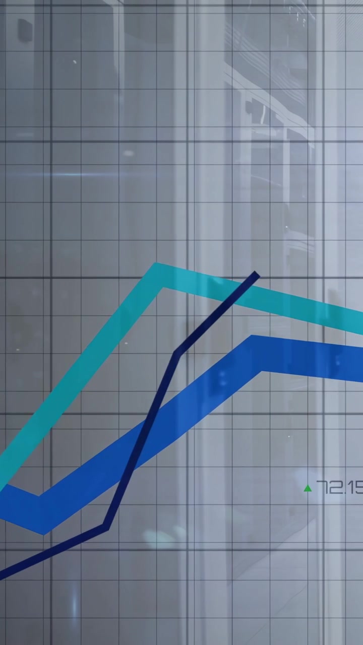 Vertikal video: Datafeed driver et tre-linjers diagram, der tegner linjer hen over glas og opdaterer finansdata.