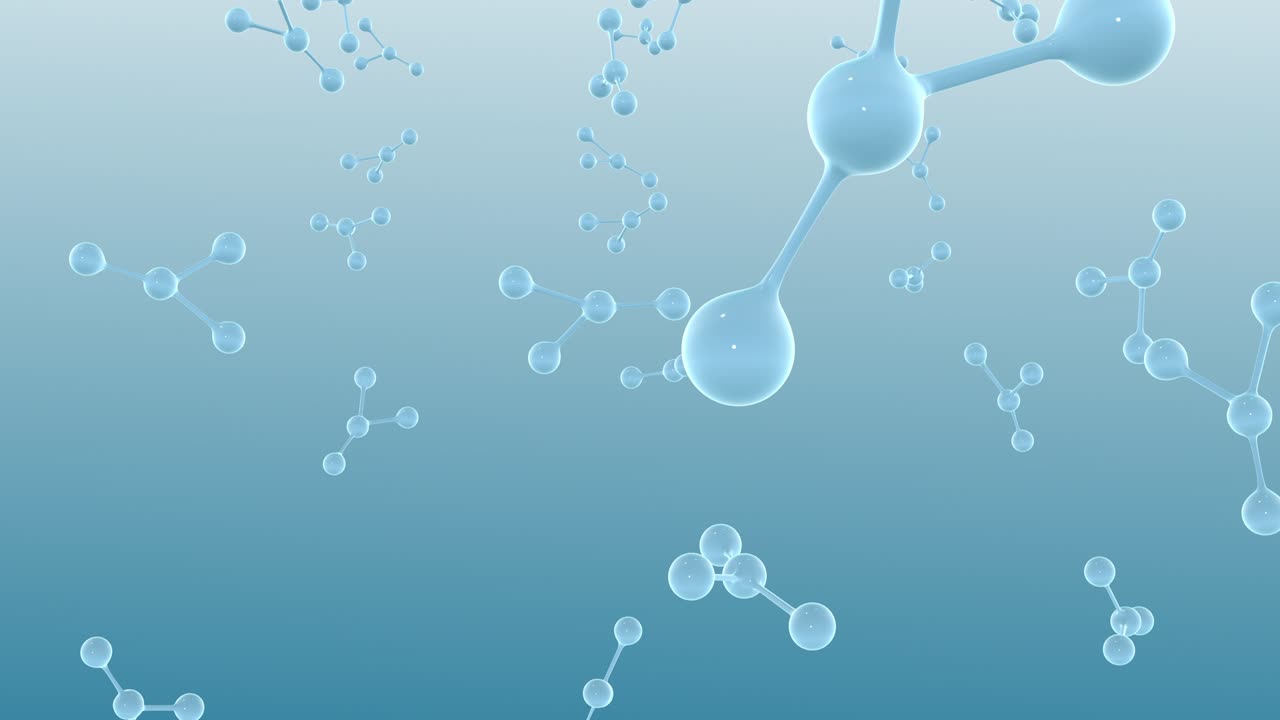 4k 영상에서 원자, 분자, 입자와 함께 파란색 배경.