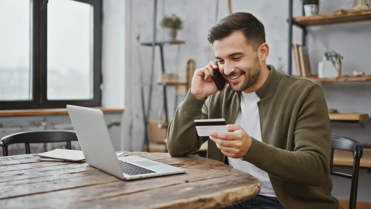Uomo che usa laptop e carta di credito mentre parla al telefono