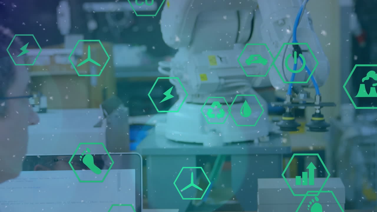 animación de cons digitales sobre científico caucásico que opera una máquina en el laboratorio.