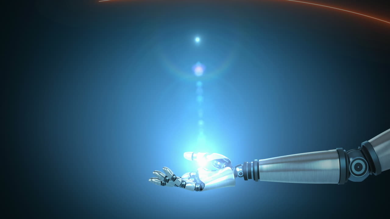 파란색 배경에 오렌지색 빛의 흔적에 대한 로 팔 위의 빛 점의 애니메이션