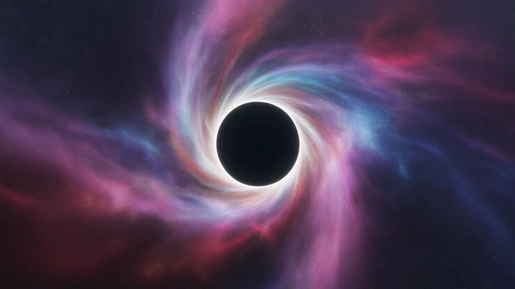 Supermassive Black Hole Surrounded by Swirling Colorful Nebula in Deep Space