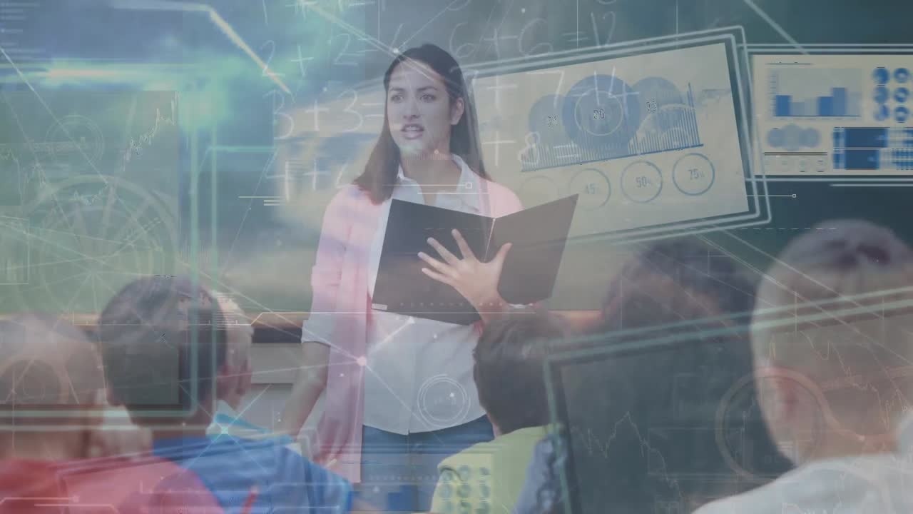 animación del procesamiento de datos sobre diversos escolares que aprenden con el maestro