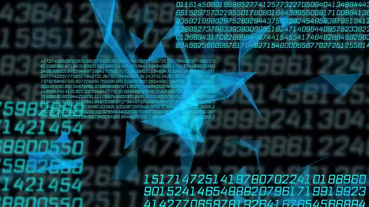 When blurred numbers filling back, blue mesh floating, weaving through teal panels, showing data