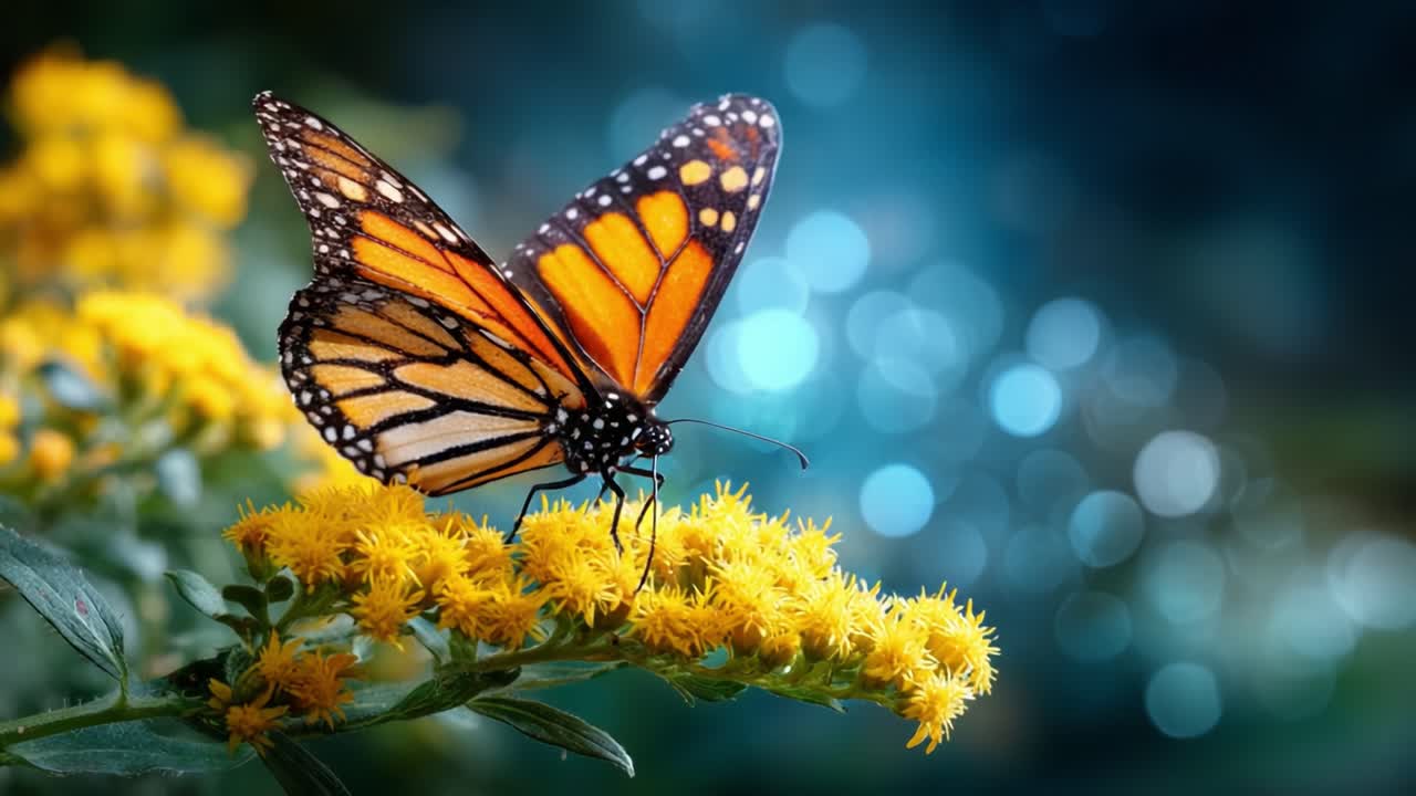 A Stunning Monarch Butterfly Gracefully Perched on Vibrant Yellow Flowers, Showcasing Nature's Splendor and Its Delicate Beauty Against a Soft Bokeh Background