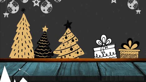 animación de nieve cayendo sobre árboles de navidad y regalos sobre fondo negro