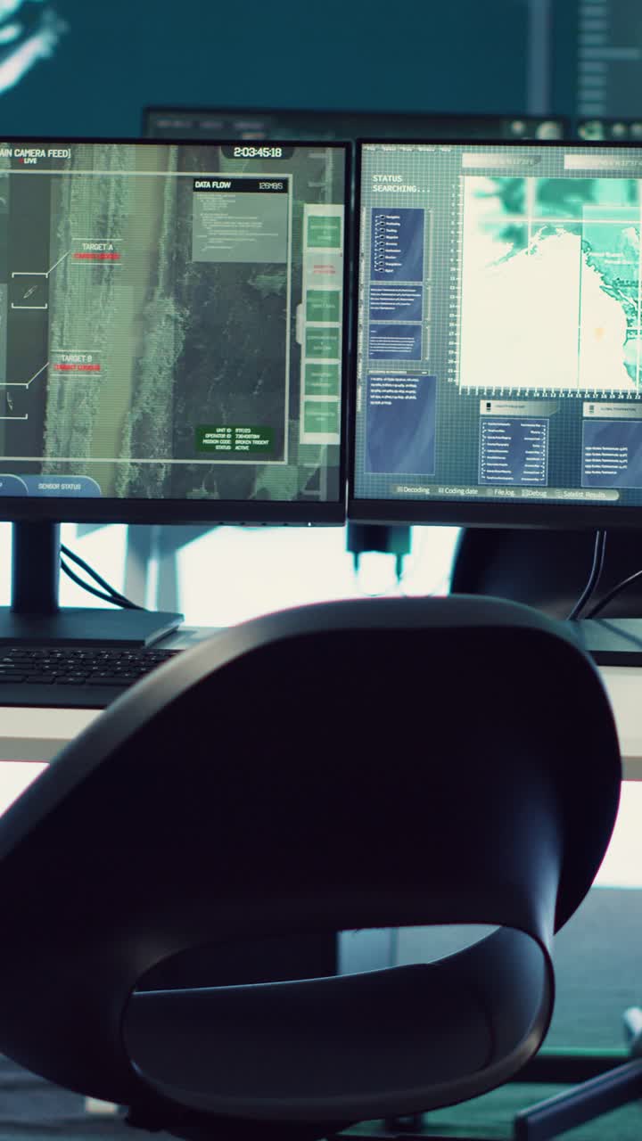 Zwei Computermonitore, die komplexe Daten und globale Karten anzeigen