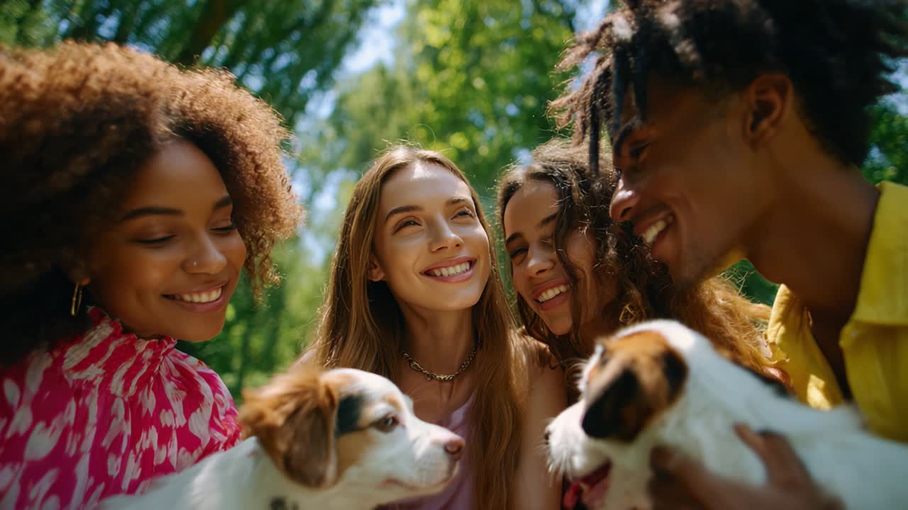 A group of friends and their dogs enjoying a day in the park