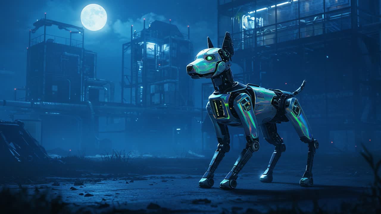 A futuristic robotic dog explores a neon-lit industrial landscape under a glowing moon, showcasing advanced technology in a serene yet mysterious nighttime setting