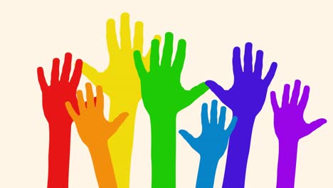 The hands of a group of people greeting, for a farewell or for a goodbye. Looping footage, rainbow animated illustration.