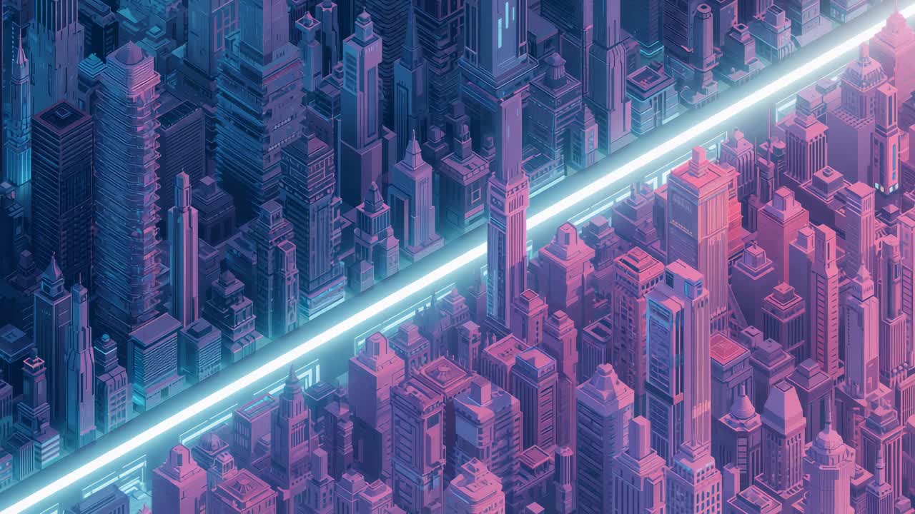 Panning camera showing neon diagonal artery with towers at night, revealing magenta district