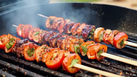 close up of colorful meat and vegetable skewers being grilled on a barbecue, with smoke and char adding flavor to the cooking process