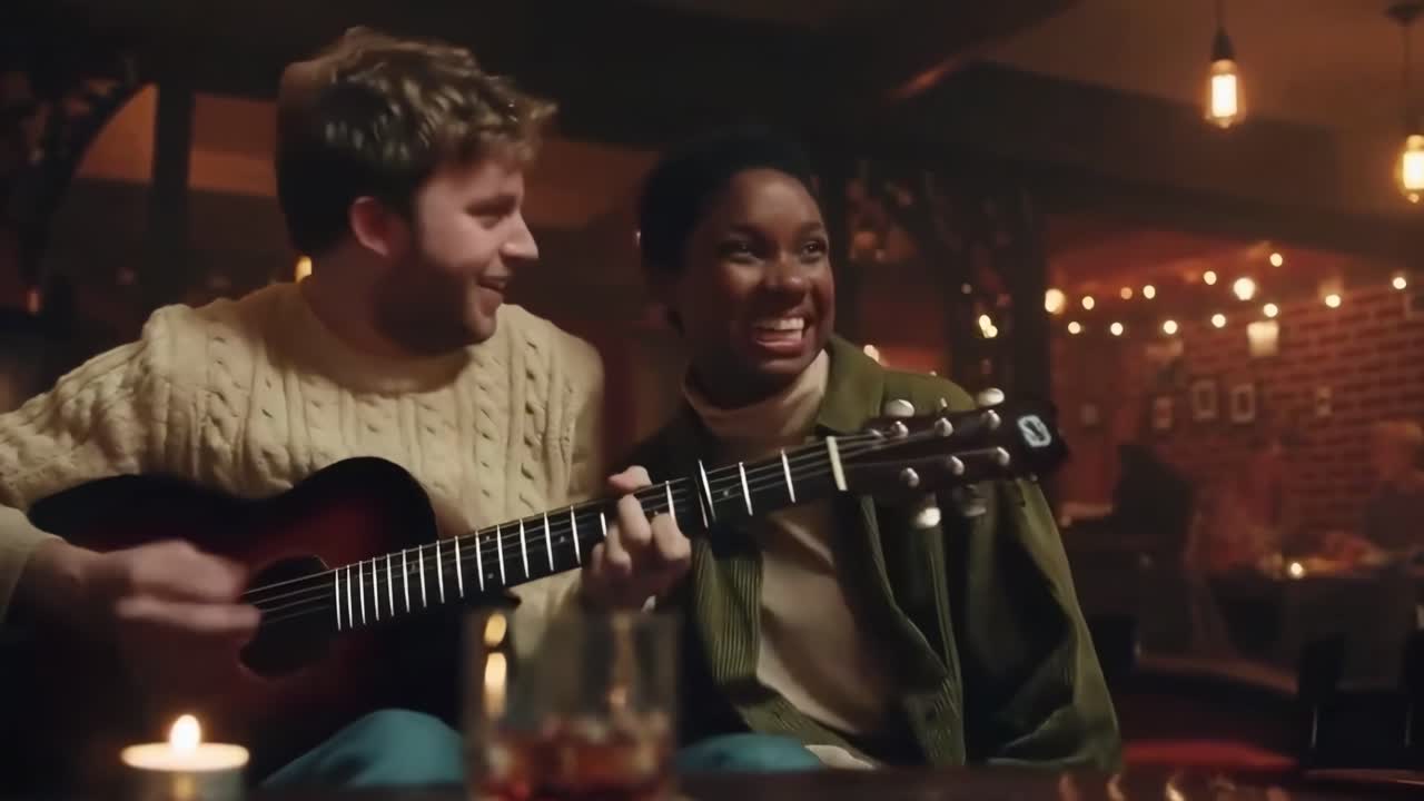 Scena video accogliente di amici in un caffè intimo, ripresa da un'angolazione laterale, che condividono musica e risate.