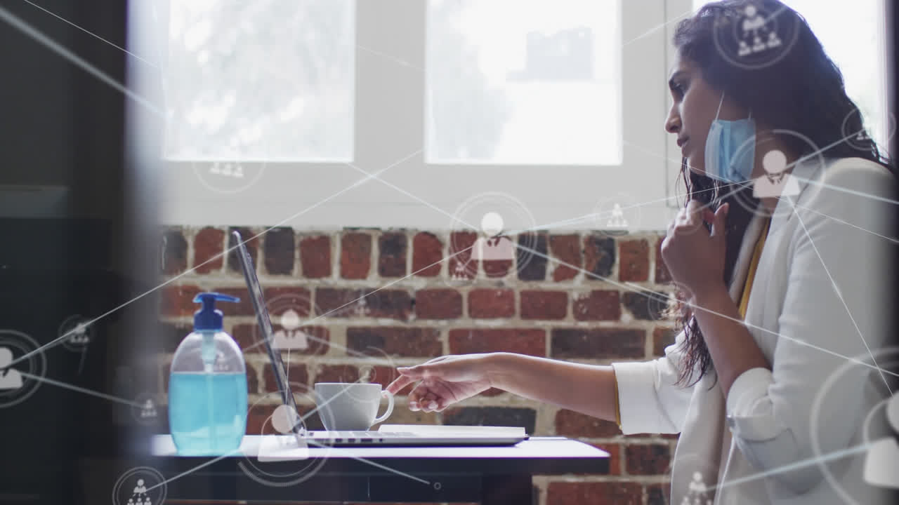 Animation of network of connections over businesswoman in office