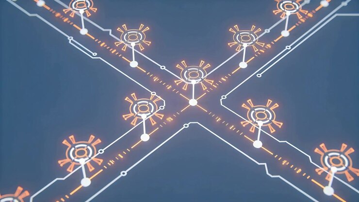 Pulsing X-shaped map with nodes flaring after orange ticks sending data inward on dark blue plane