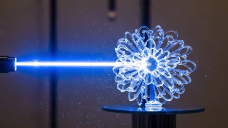 captivating visual of electric energy manifesting through a brilliant blue laser beam converging on a stunning glass sculpture, creating an illustrative explosion of light