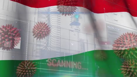 Macro-corona-virus-spreading-with-Hungarian-flag-billowing-in-the-background