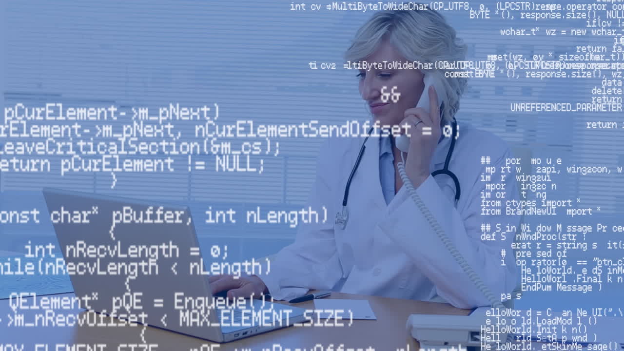 Animation of data processing over caucasian female doctor on the phone
