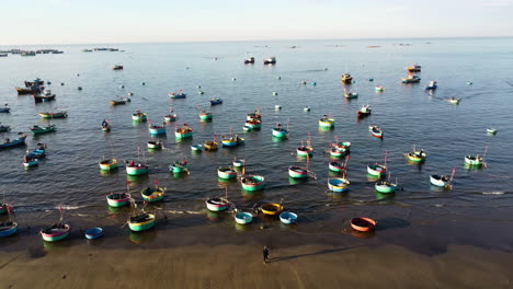 round basket boats used by locals to fish along coastline, south vietnam