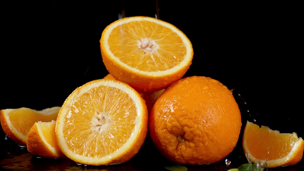 Gocce d'acqua che cadono con uno schizzo su arance fresche.