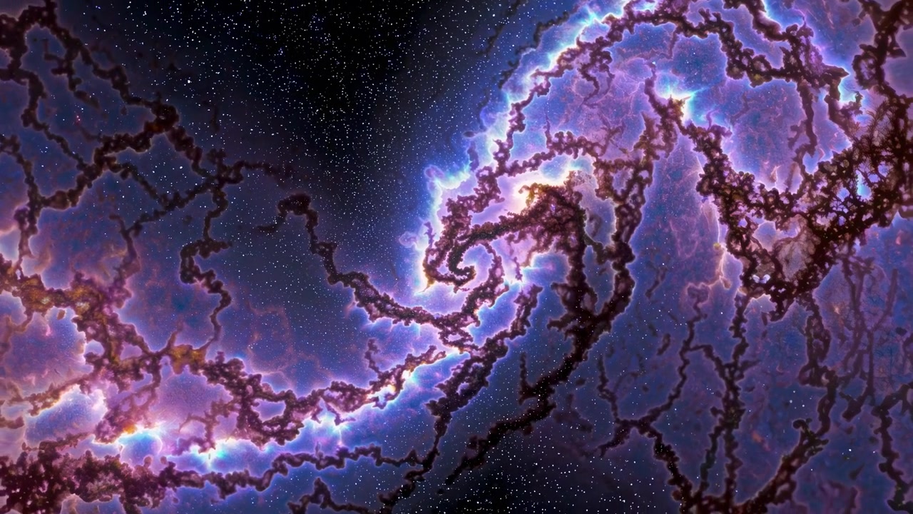 Nebulosa cosmica astratta con strutture luminose a forma di fulmine viola.