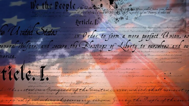 Written constitution of the United States and a flag 4k