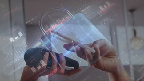 animation of network security padlock over people using payment terminal