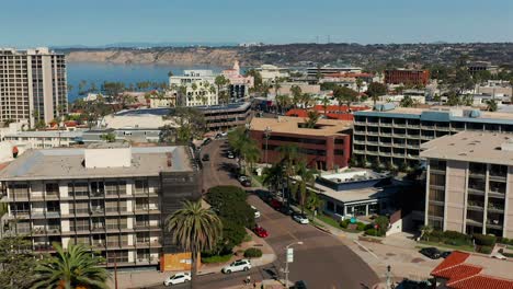 Aerial-view-towards-downtown-in-La-Jolla,-California