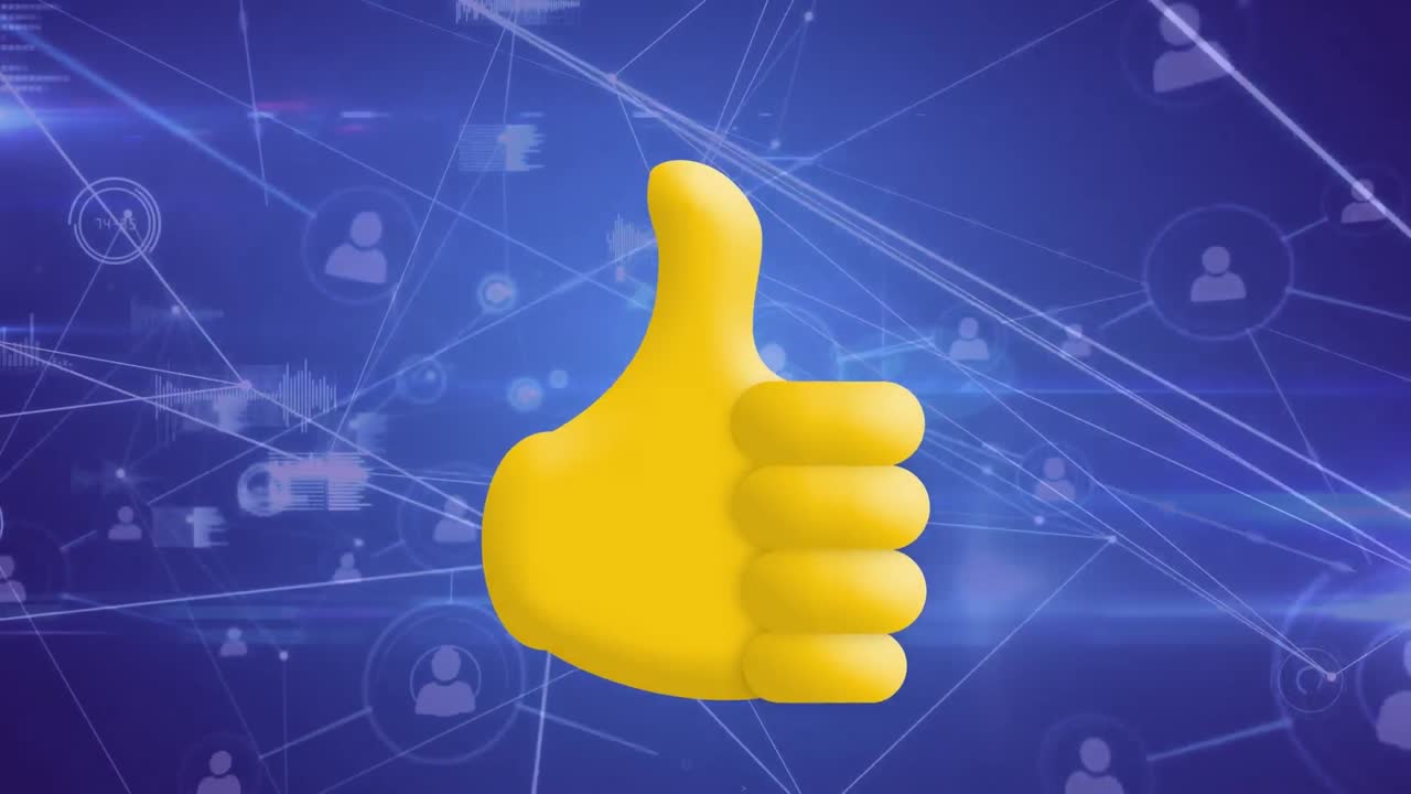 Animation of thumbs up icon over network of connections with data processing