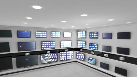 Interior-of-electronics-store-with-synchronized-video-playing-on-screens-of-multiple-televisions