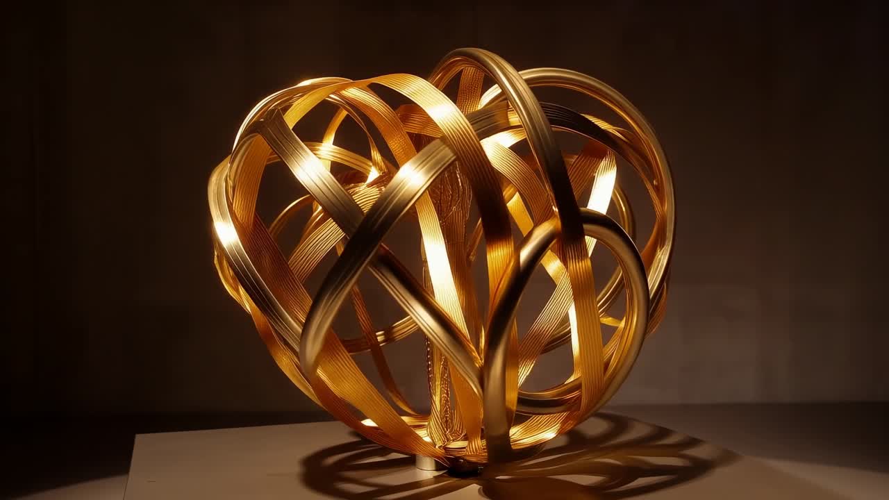 La camera si allontana, rivelando una scultura a nastro dorato su un piedistallo, mostrando la forma intera e l'ombra